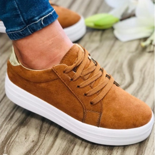Camel Lace Suede Tennis Shoes For Women